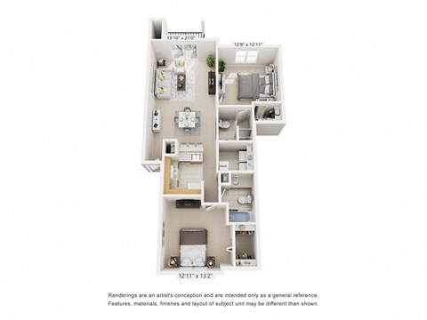 Floor plan for 2 beds, 2 baths, 1057 sqft